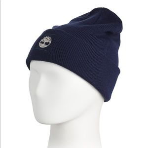 Timberland Navy Blue Cuffed Ribbed Knit Beanie with Tonal Logo Patch Unisex NWT